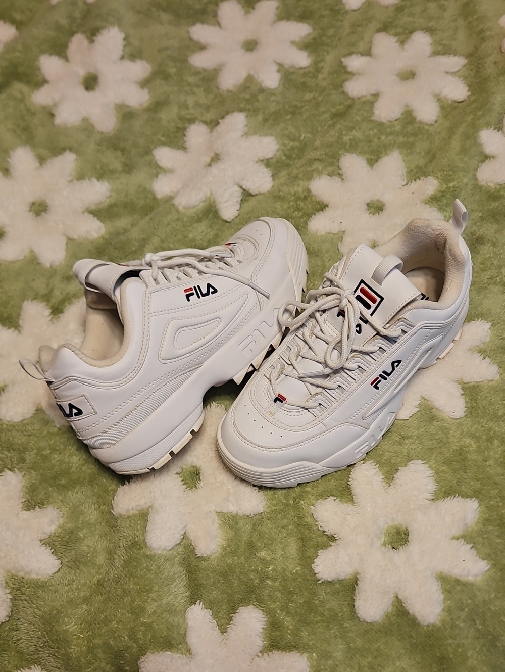 FILA Disruptor White Platform Sneakers with Subtle Navy & Red Accents